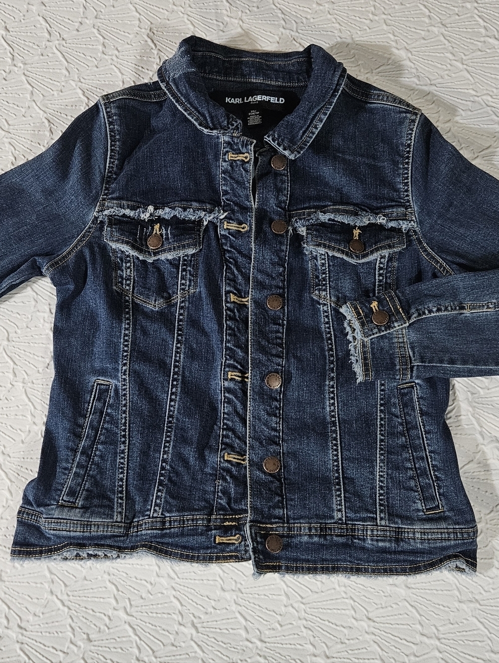 Karl Lagerfeld Dark Blue Distressed Denim Jacket Size XS